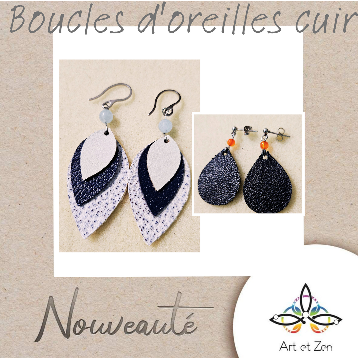 Boucles d'oreilles Cuir Aigue Marine / Cornaline / Quartz Rose / Émeraude