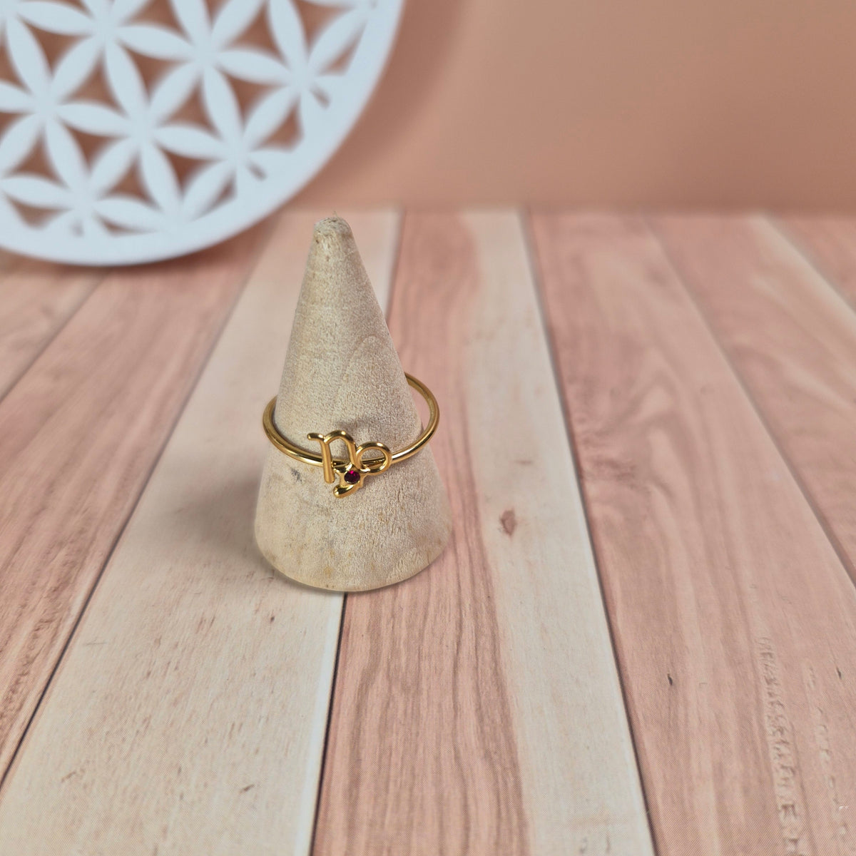 Bague astrologique réglable dorée, signe du zodiaque et zircon coloré