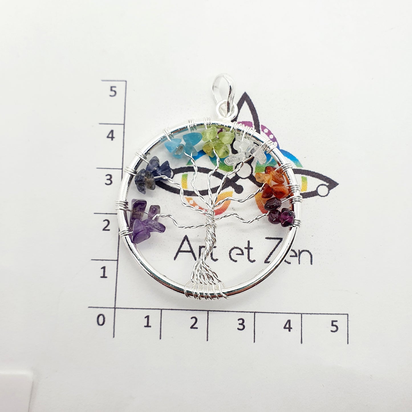 Pendentif Arbre de Vie 7 Chakras / Aventurine / Améthyste / Grenat Rouge