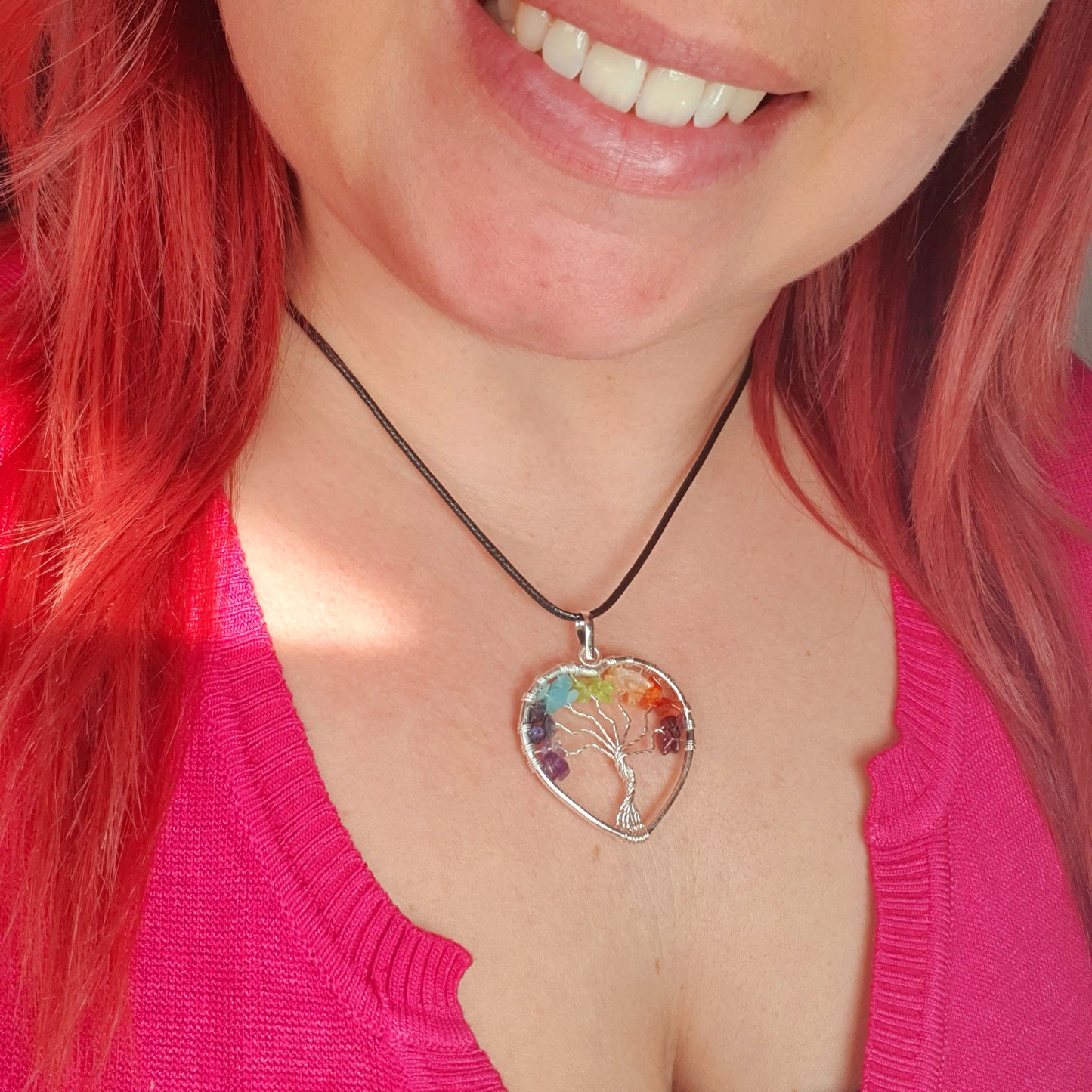 Pendentif Arbre de Vie 7 Chakras / Aventurine / Améthyste / Grenat Rouge