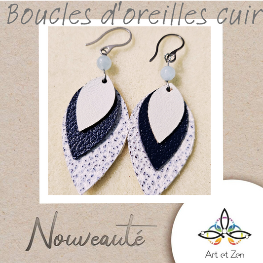 Boucles d'oreilles Cuir Aigue Marine / Cornaline / Quartz Rose / Émeraude