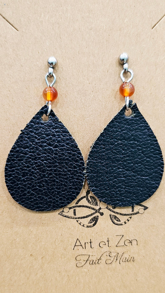 Boucles d'oreilles Cuir Cornaline