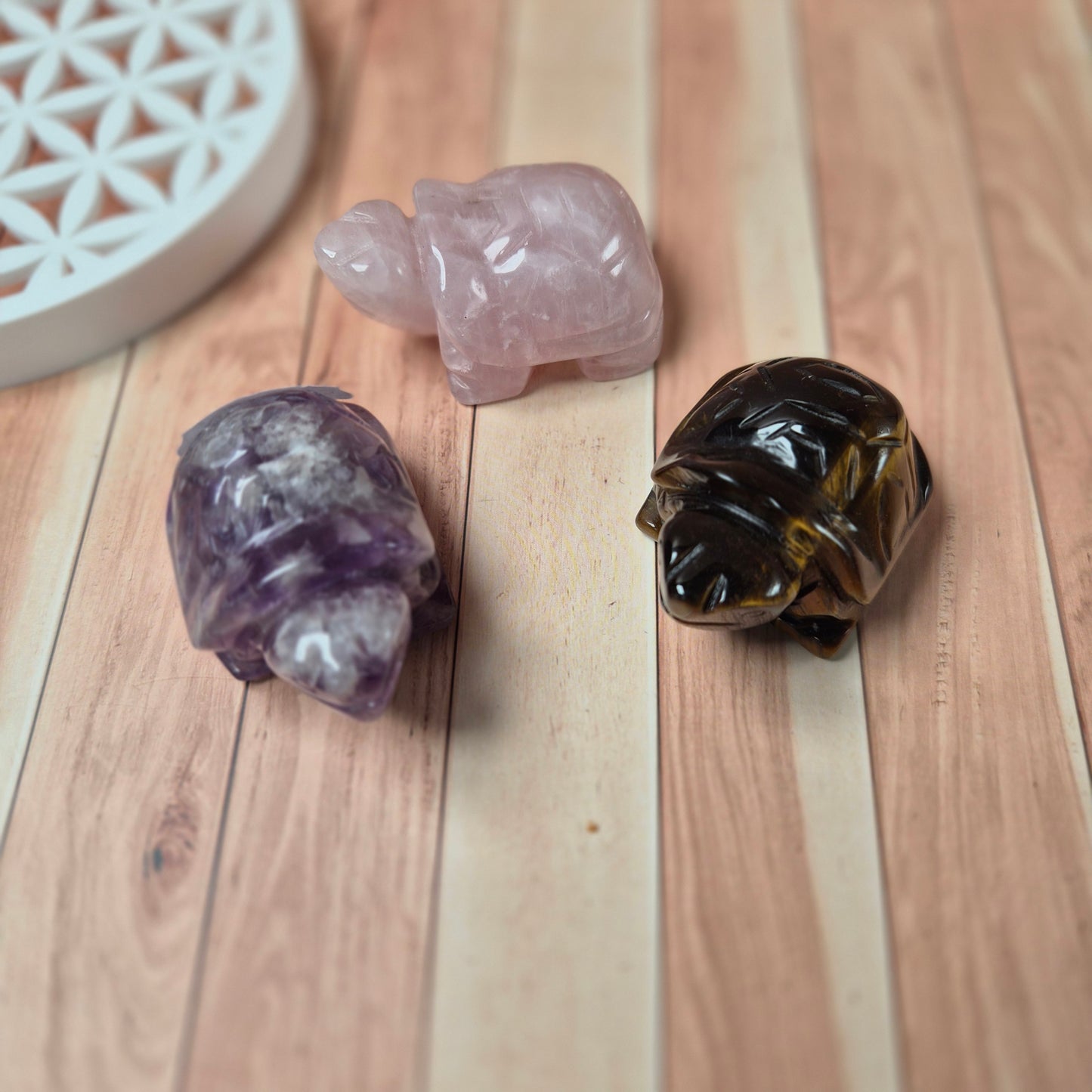 Figurine Tortue Amethyste / Jaspe Kambaba / Citrine / Labradorite / Oeil de Tigre / Quartz Rose / Septaria