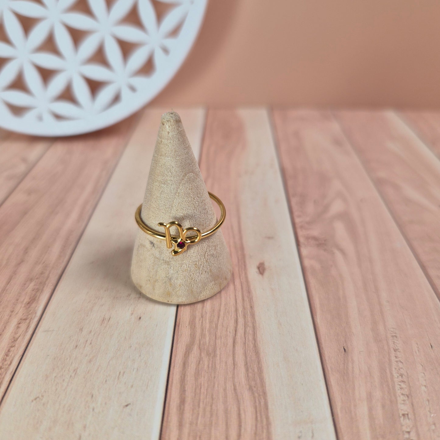 Bague astrologique réglable dorée, signe du zodiaque et zircon coloré