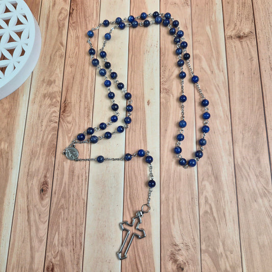 Chapelet pierres naturelles, médaille Vierge Miraculeuse Améthyste Cornaline Lapis lazuli Obsidienne Noire Œil de tigre