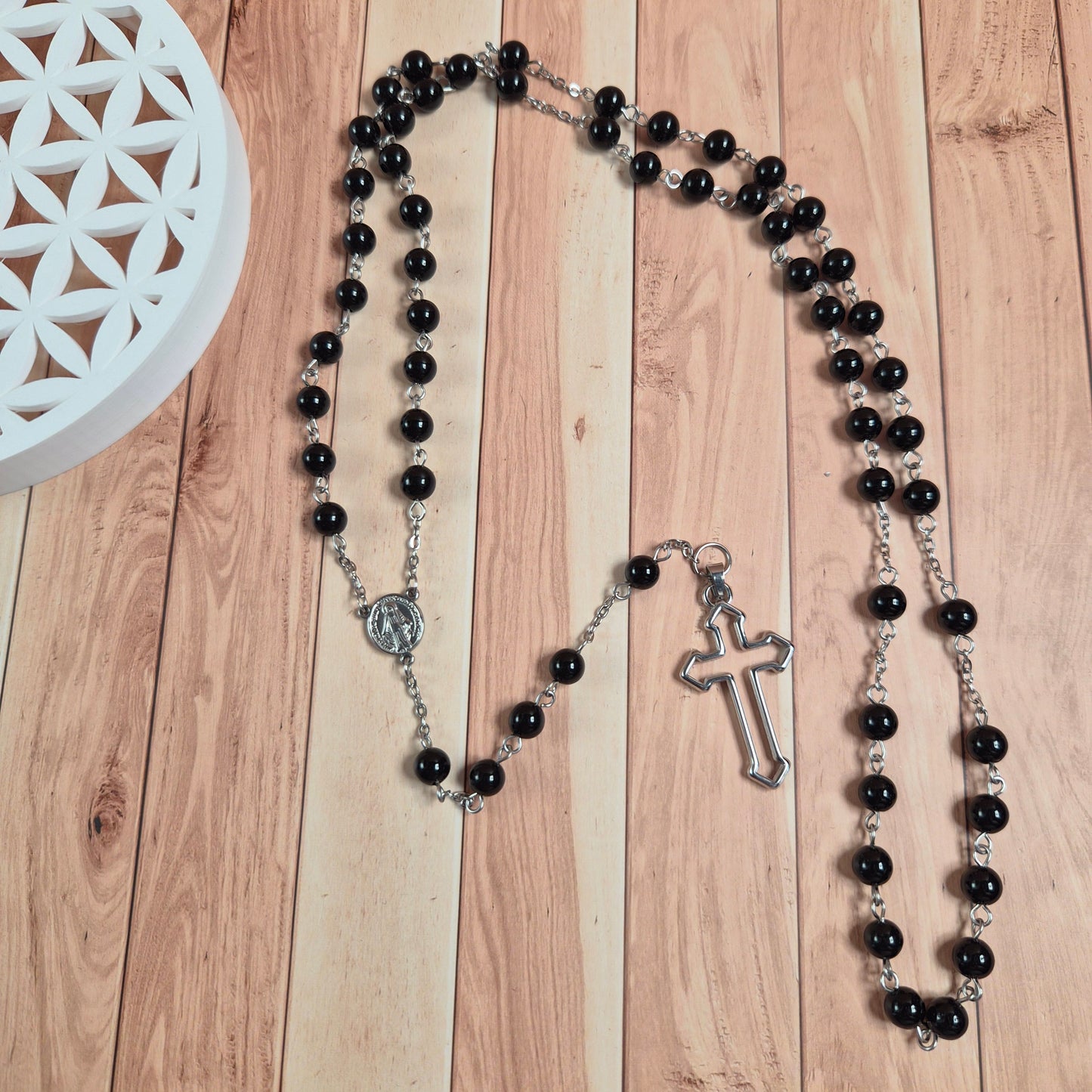 Chapelet pierres naturelles, médaille Vierge Miraculeuse Améthyste Cornaline Lapis lazuli Obsidienne Noire Œil de tigre