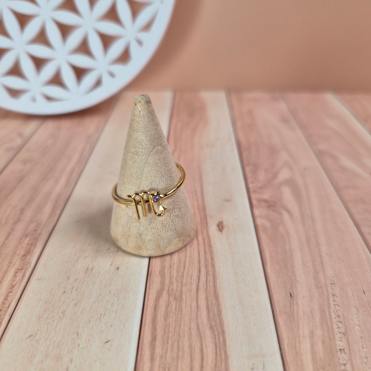 Bague astrologique réglable dorée, signe du zodiaque et zircon coloré