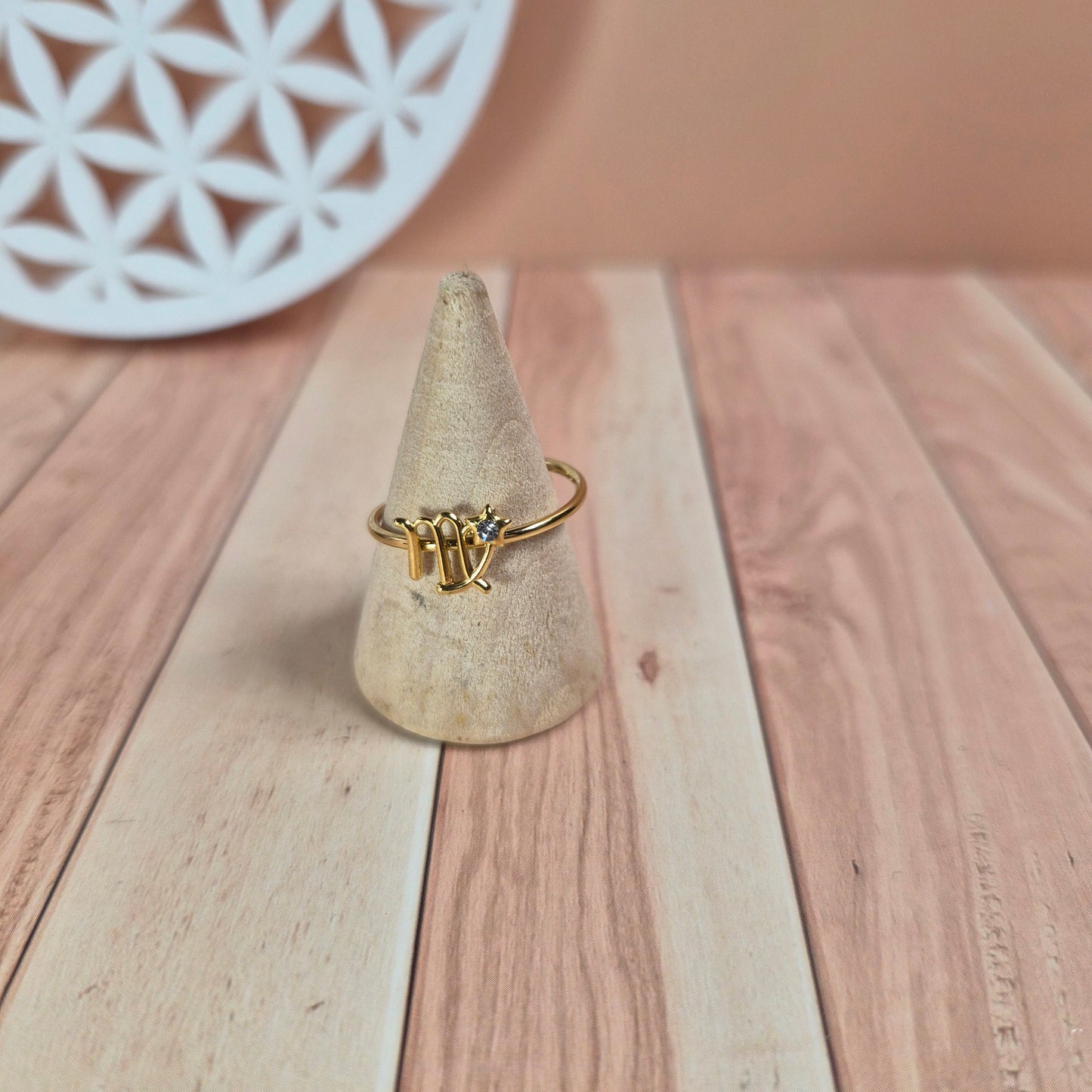Bague astrologique réglable dorée, signe du zodiaque et zircon coloré