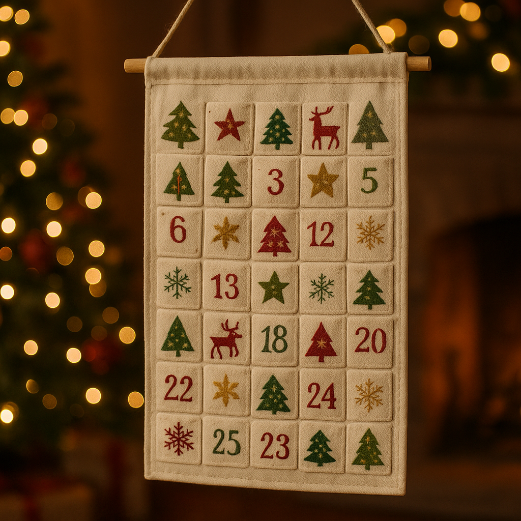 un calendrier de l'avent en coton décoré pour noel avec une ambiance cosy de noel 