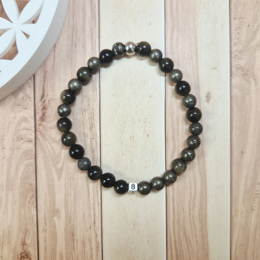 Bracelet Numérologie Chemin de Vie 8, Le Puissant (pyrite et obsidienne dorée)
