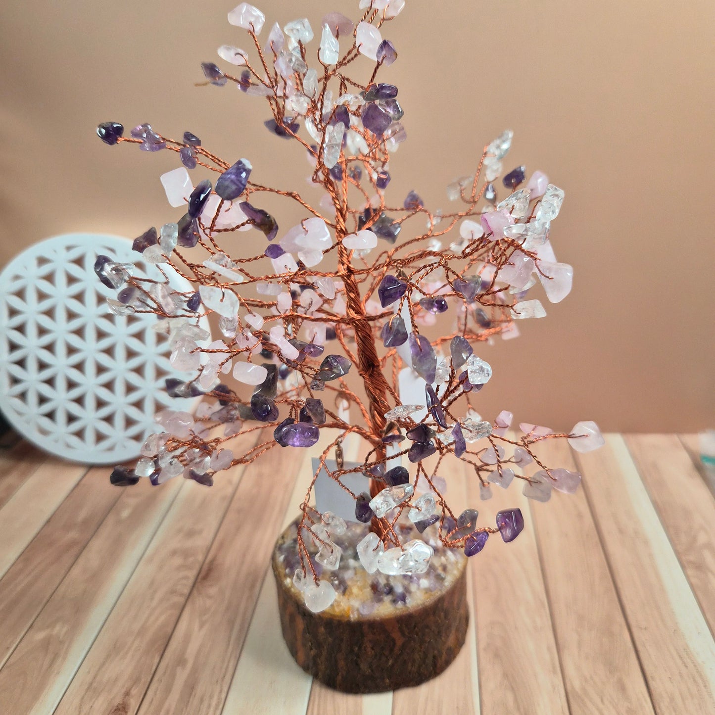 Arbre à Souhaits en Pierres Naturelles  Améthyste Quartz Rose Cristal de Roche