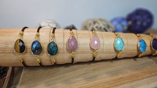 Bracelets Cordon Amazonite / Labradorite / Oeil de tigre / Quartz Rose / Obsidienne / Améthyste / Turquoise / Apatite / Rhodonite