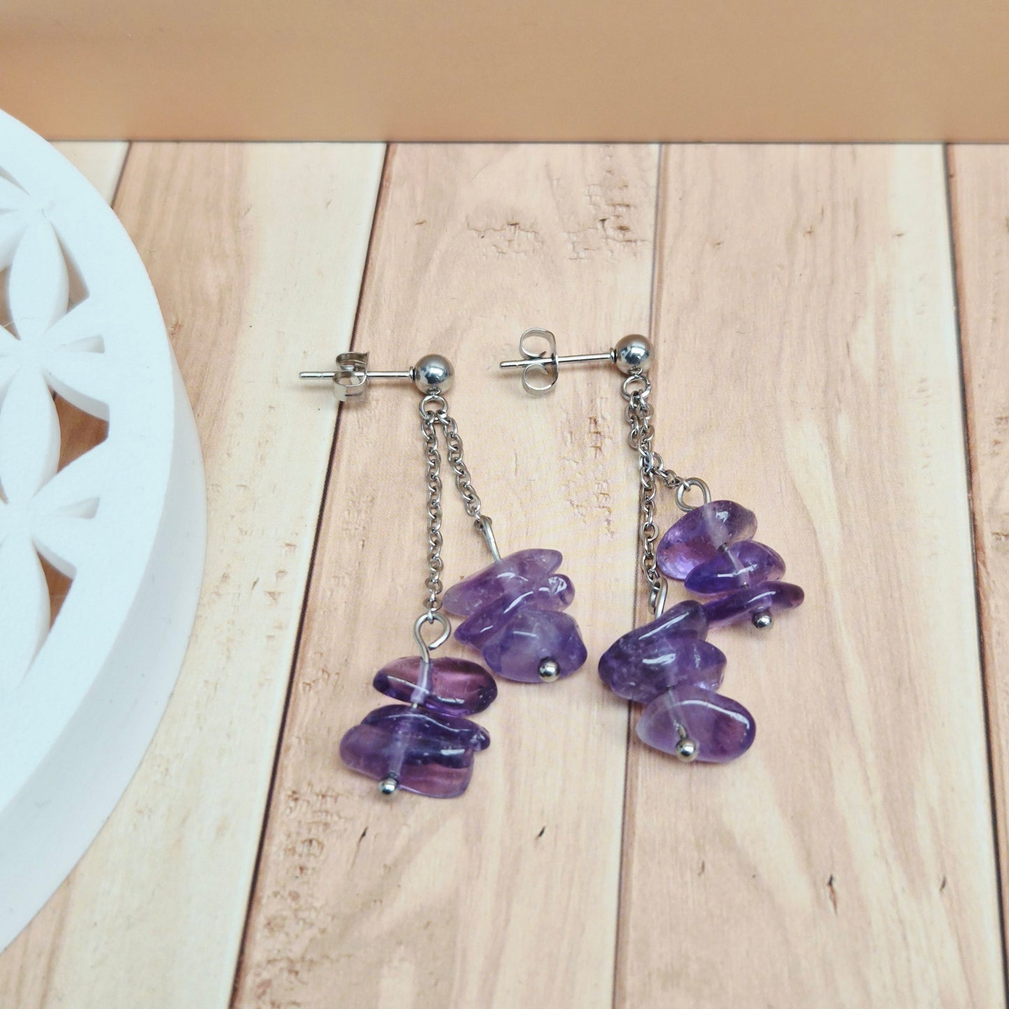 Boucles d'oreilles pendantes pierres naturelles Améthyste Aigue marine Œil de tigre Labradorite