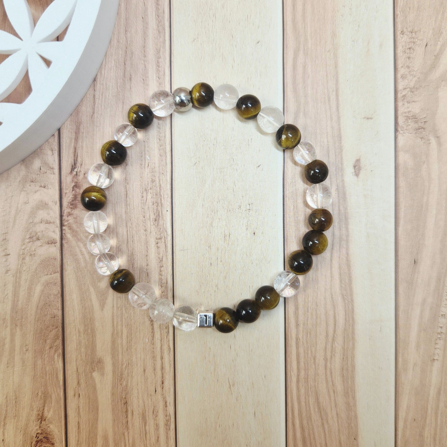 Bracelet Numérologie Chemin de Vie 1, Le Leader (œil de tigre et cristal de roche)