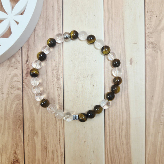 Bracelet Numérologie Chemin de Vie 1, Le Leader (œil de tigre et cristal de roche)