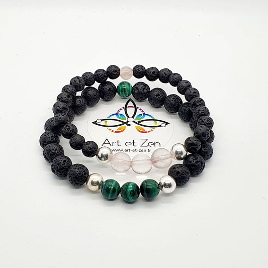 Bracelets Duo Amour Quartz Rose - Malachite - Pierre de Lave