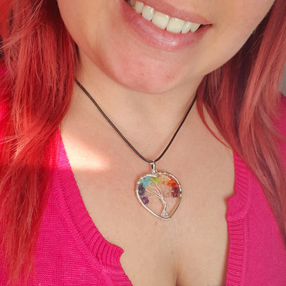 Pendentif Arbre de Vie 7 Chakras / Aventurine / Améthyste / Grenat Rouge