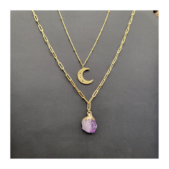 Collier Duo Luna Amethyste / Cristal de Roche / Quartz Rose